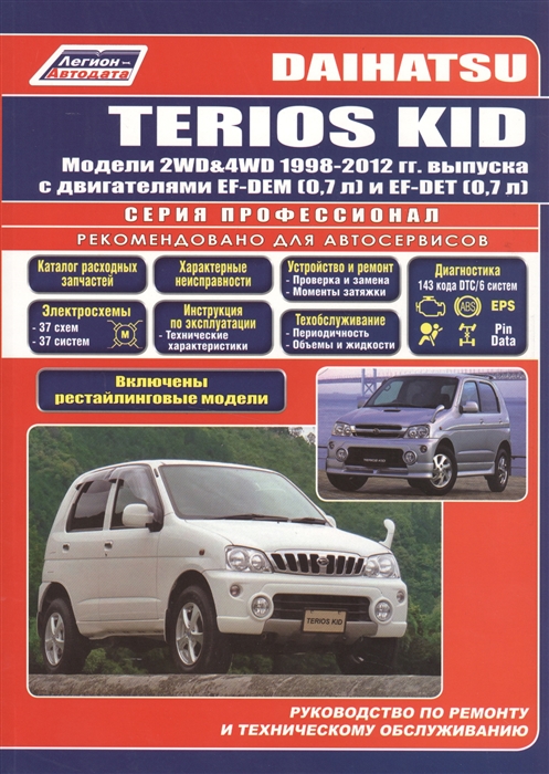 

Daihatsu TERIOS KID Модели 2WD 4WD 1998-2012 гг выпуска с бензиновыми двигателями EF-DEM 0 7 л и EF-DEТ 0 7 л Включены рестайлинговые модели Руководство по ремонту и техническому обслуживанию