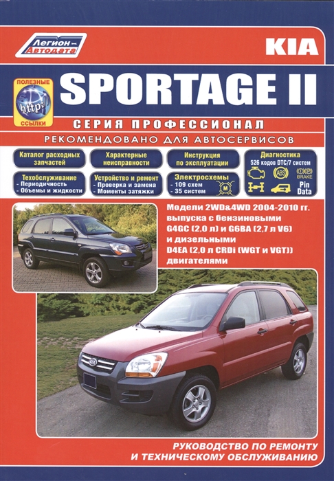 Kia Sportage II Модели 2WD 4WD 2004-2010 гг выпуска с бензиновыми G4GC 2 0 л и G6BA 2 7 л V6 и дизельными D4EA 2 0 л CRDi WGT и VGT двигателями Руководство по ремонту и техническому обслуживанию полезные ссылки