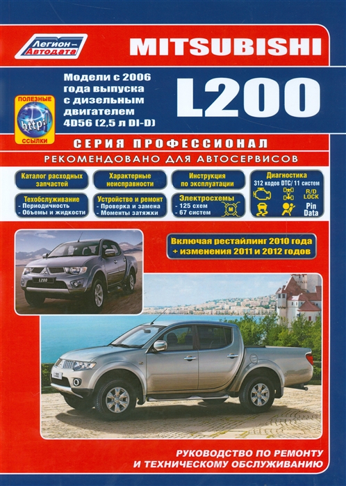 

Mitsubishi L200 Модели с 2006 года выпуска c дизельным двигателем 4D56 2 5 л Включая рестайлинговые модели с 2010 года дополнения 2011 и 2012 гг выпуска Руководство по ремонту и техническому обслуживанию полезные ссылки