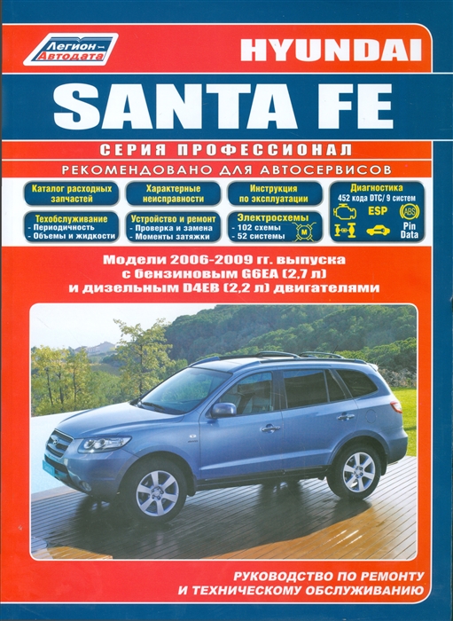 

Hyundai Santa Fe Модели 2006-2009 гг выпуска с бензиновым G6EA 2 7 л и дизельным D4EB 2 2 л Common Rail двигателями Руководство по ремонту и техническому обслуживанию