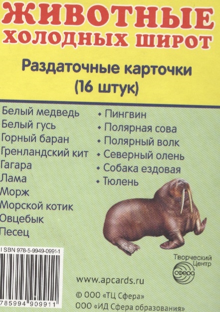 

Животные холодных широт Раздаточные карточки 16 штук