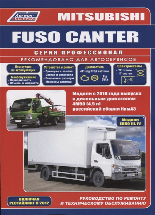 

Mitsubishi Fuso Canter Модели с 2010 года выпуска с дизельным двигателем 4М50 4 9 л Евро III Евро IV совместного производства КамАЗ Включая рестайлинговые модели с 2012 г выпуска Руководство по ремонту и техническому обслуживанию