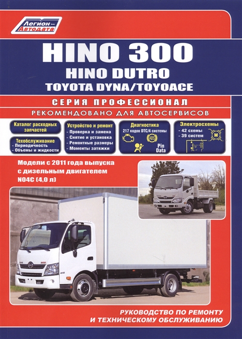 

Hino 300 Hino Dutro Toyota Dyna ToyoAce Модели с 2011 года выпуска с дизельным двигателем N04C 4 0 л Руководство по ремонту и техническому обслуживанию Каталог расходных запасных частей