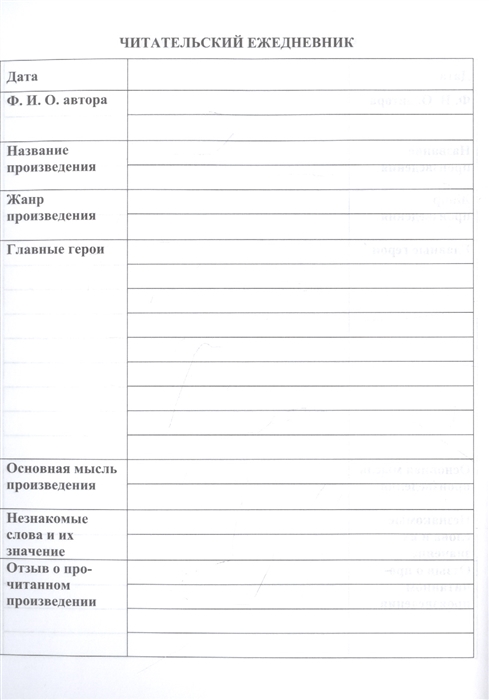 Читательский дневник 3 класс по литературе готовый образец списать