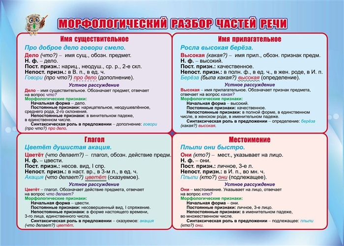 Учебный плакат Морфологический разбор частей речи А4
